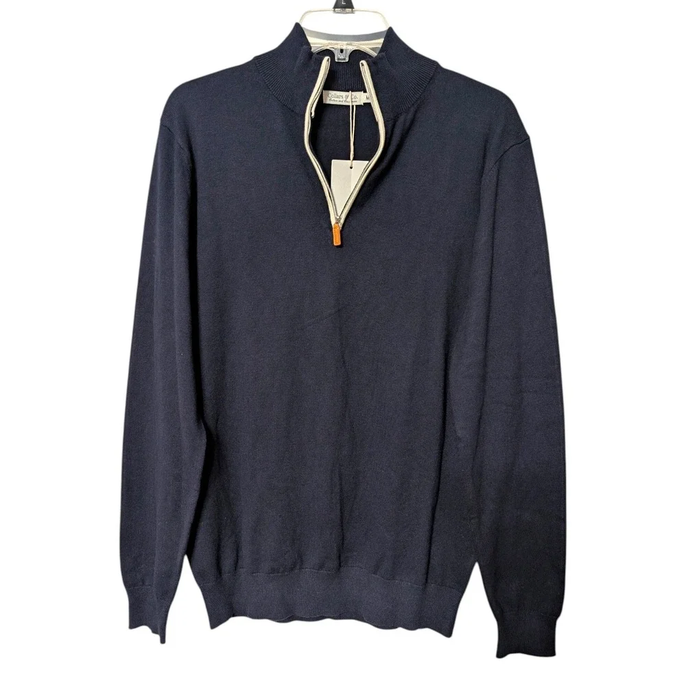 Collars & Co‎ Mens Navy Blue Cotton Cashmere Quarter Zip Pullover Sweater Size M